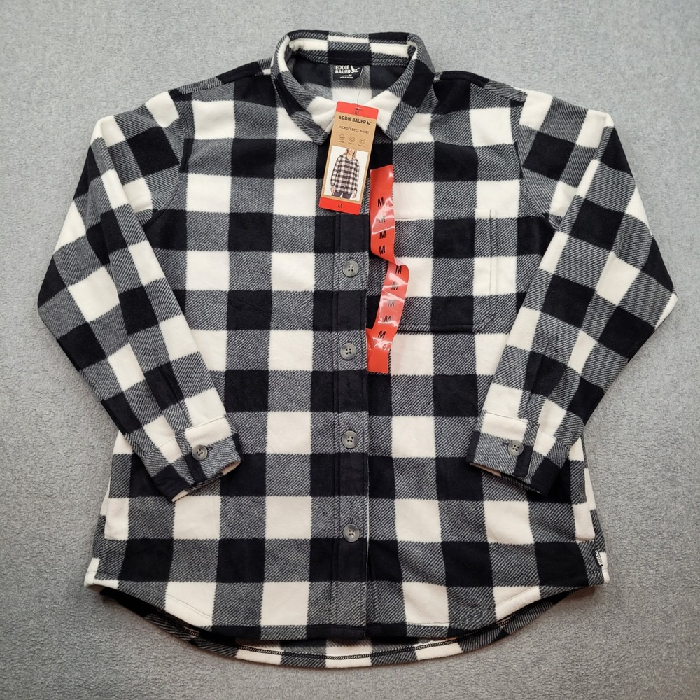 Eddie Bauer Microfleece‎ Shirt Womens Medium Black Buffalo Plaid Button Up NWT